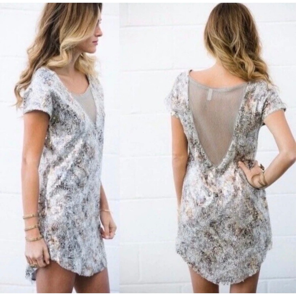 Free People Midnight Dreamer Sequined Mini Shift Dress Ivory Combo V-Neck M Glam